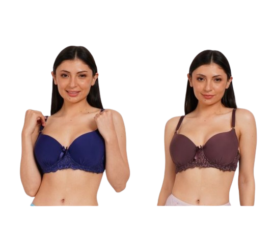 Ksvry Combo Pack of Two Women's Plain With Lace Bra Blue & Brown Color