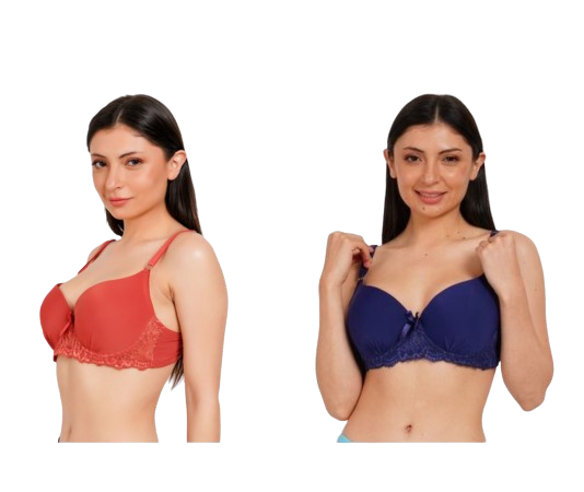 Ksvry Combo Pack of Two  Women's Plain With Lace Bra Rusty and Blue Color