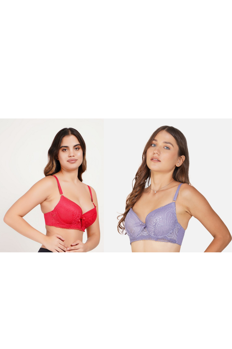Ksvry Combo Pack of Two Women's Wired Pushup Bra Red and Levender Color