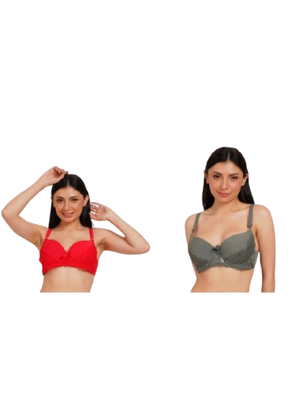 Ksvry Combo Pack of Two Women's Full Cup Push up Bra Red and Olive Green Color