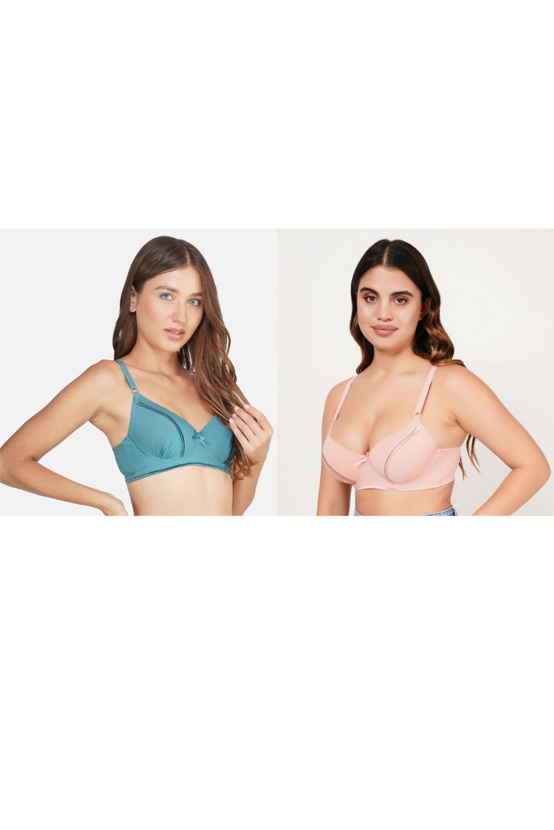 Ksvry Combo Pack of Two Women's Lace Embroidery Bra Teal & Peach Color